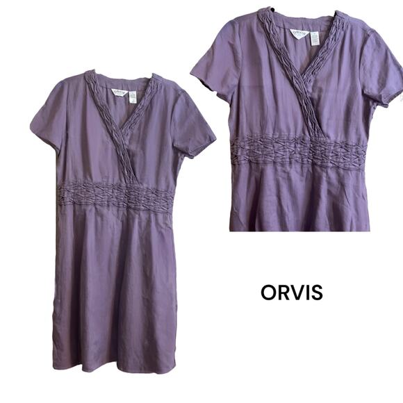 ORVIS Dress Women’s Size 14 Purple Linen Midi Short Sleeve A-line V-Neck - Picture 4 of 16